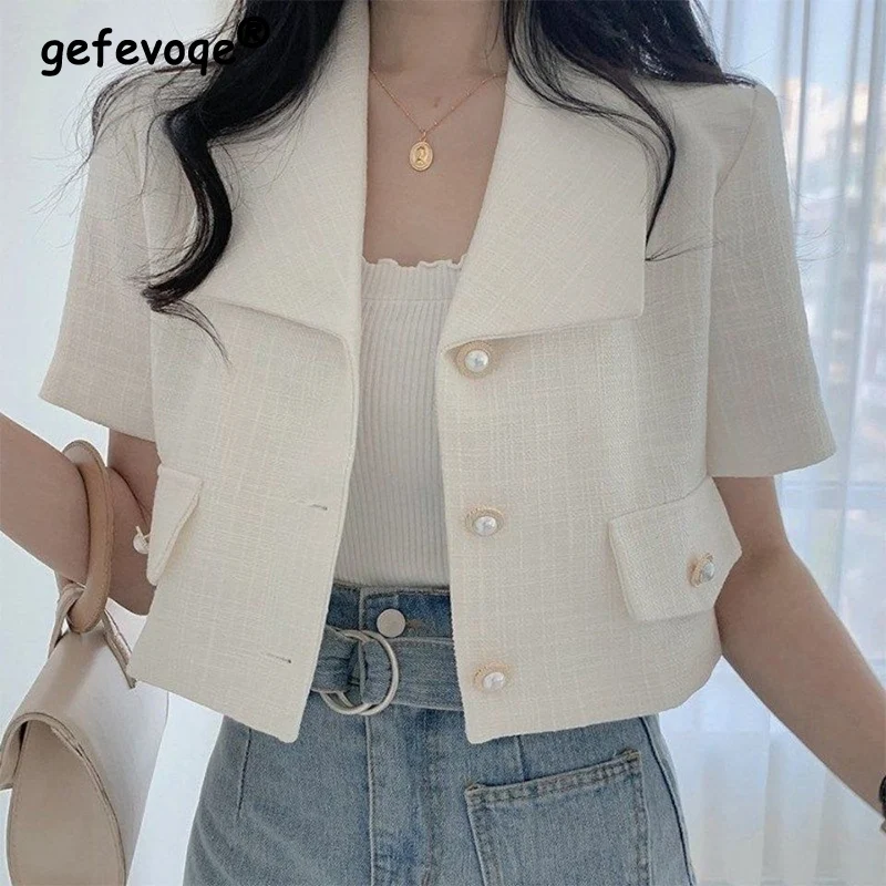 Spring Autumn Polo-neck Elegant Buttons Coat Female Short Sleeve Simple Buttons Blazers Women\'s Casual Fashion All-match Jacket