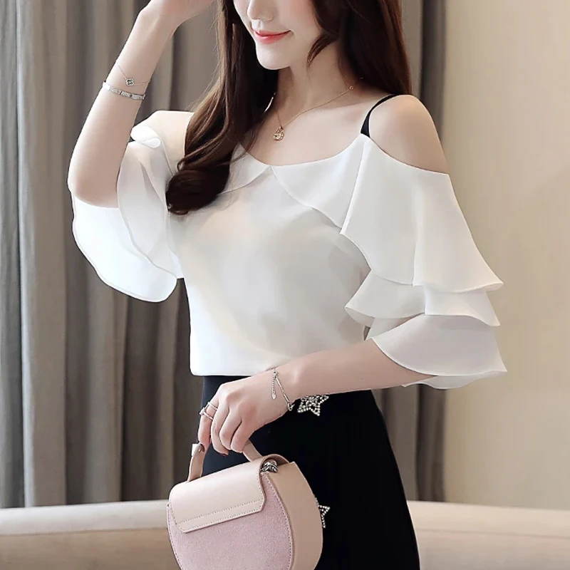 Women Tops and Blouses 2024 Summer Chiffon Shirt Casual Off-shoulder Butterfly Short Sleeve Clothes Blusas Mujer De Moda 3571 50