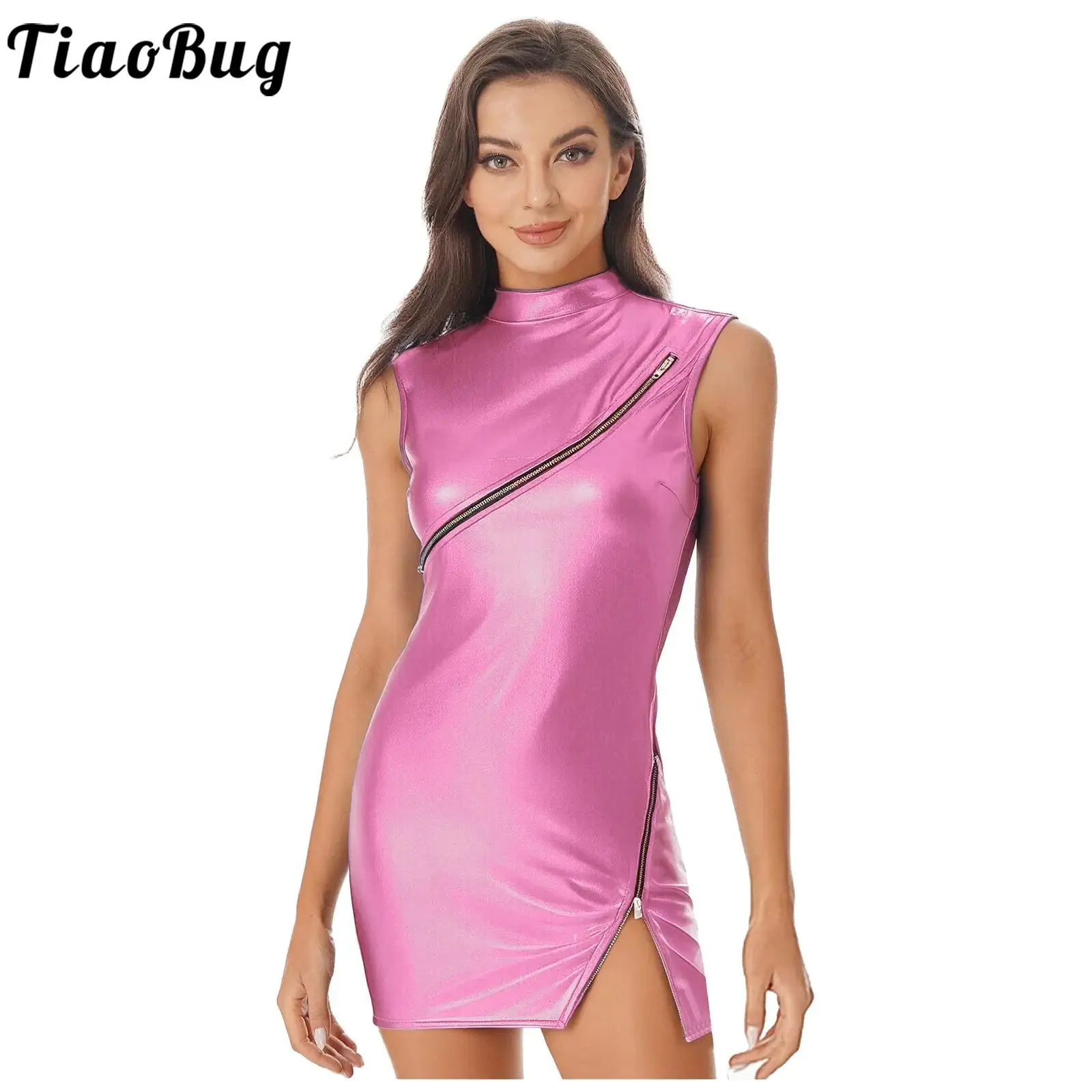 

Women Metallic Shiny Mock Neck Bodycon Dress Sexy Pole Dance Sleeveless Double-end Zippers Mini Dress Clubwear for Party Raves