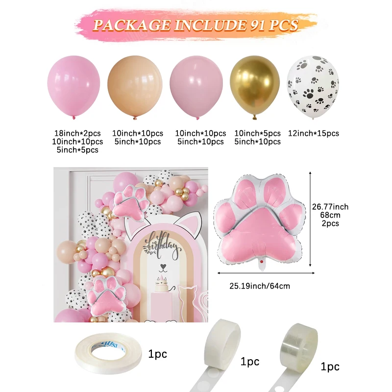 91Pcs New Meow Cat Theme Balloon Garland Arch Pink Cat Paw Foil Balloon Kids 1st Birthday Party Baby Shower Decoration Globos