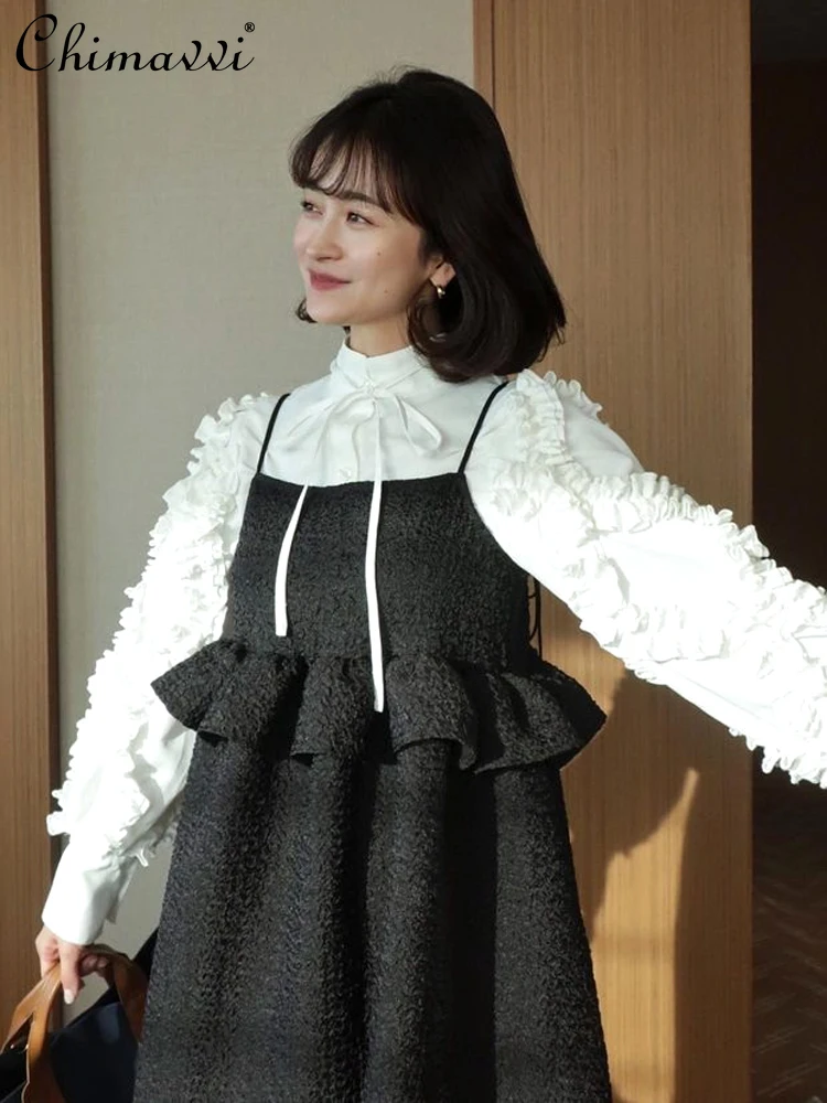 Japanese Style White Shirts Autumn Cute Retro Lace Bubble Lantern Sleeve Stand Collar Long Sleeve Blouse Women Sweet Tops Blusas