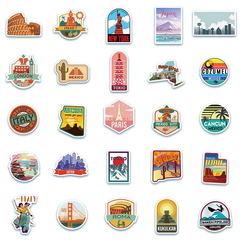 50PCS New Global Travel City Landscape Stickers Decal DIY Phone Laptop Guitar Stationery Scrapbook Skateboard Toy Sticker