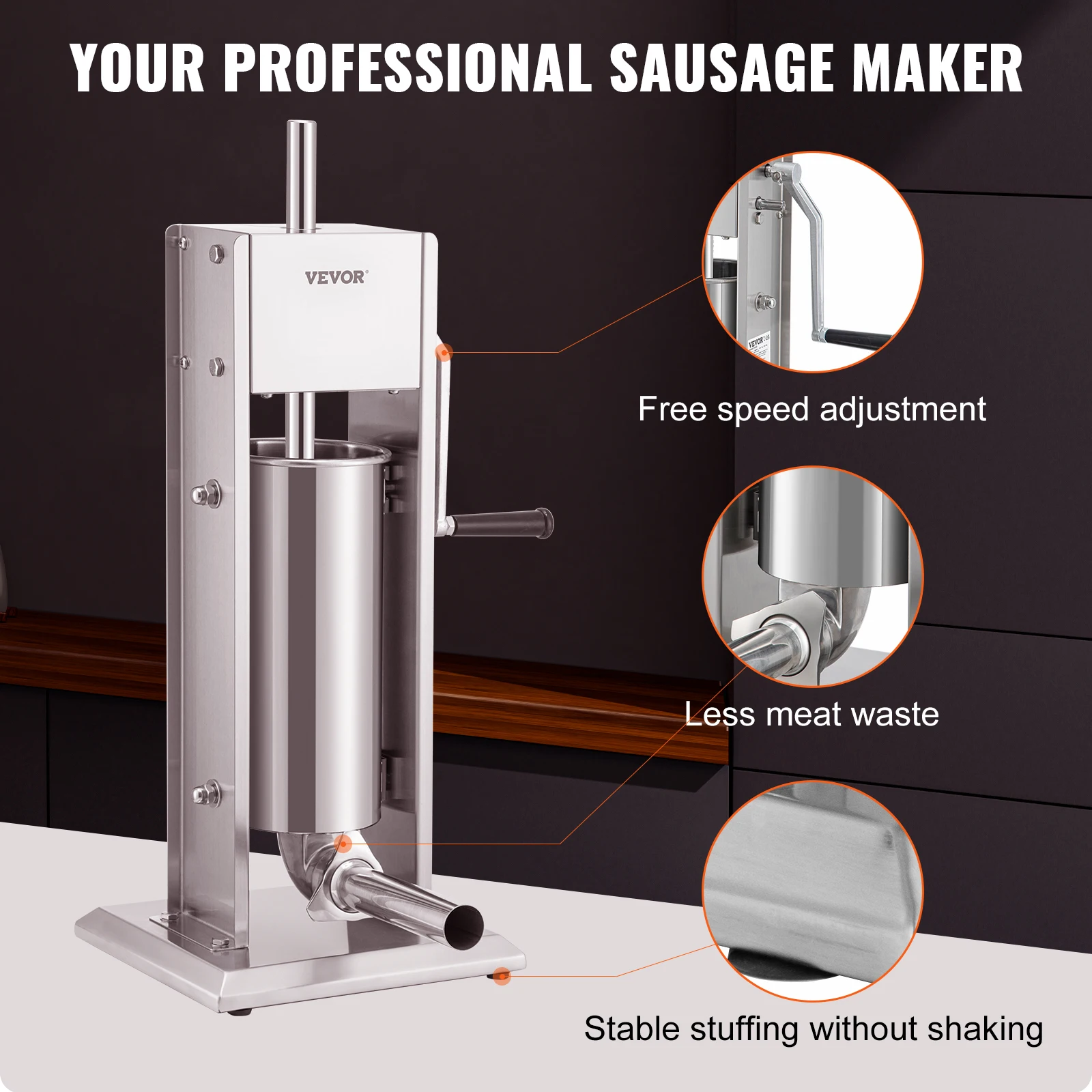 VEVOR 3 5 7 L Manual Sausage Stuffer Stainless Steel Making Sausage Vertical Maker with 4 Filling Funnels for Home Commercia Use