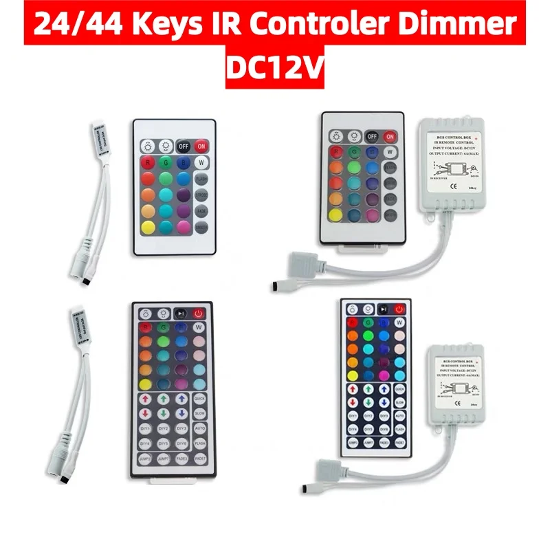 

1PCS LED connector 24/44 Keys IR RGB Controler box 1 to 2 3 Controller DC12V IR Remote Dimmer For RGB 3528 5050 LED Strip Lights