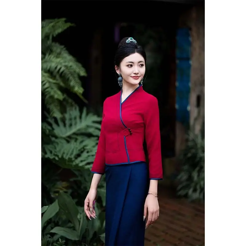 

Dai clothing ethnic style temperament slim Chinese tea clothing set