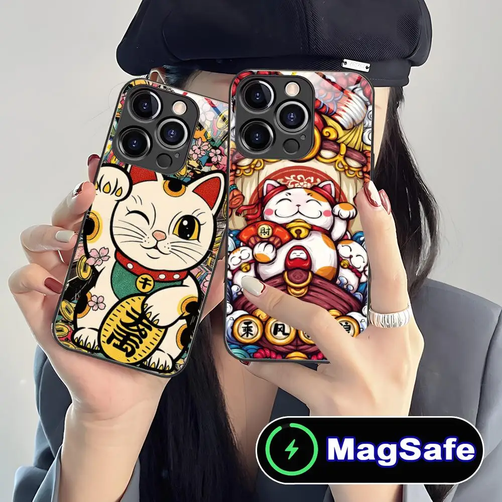 

Lucky Cat Glass MagSafe Mobile Phone Case for iPhone 17 16 15 14 13 12 11 Air Pro Max Plus Mini Colorful Cover