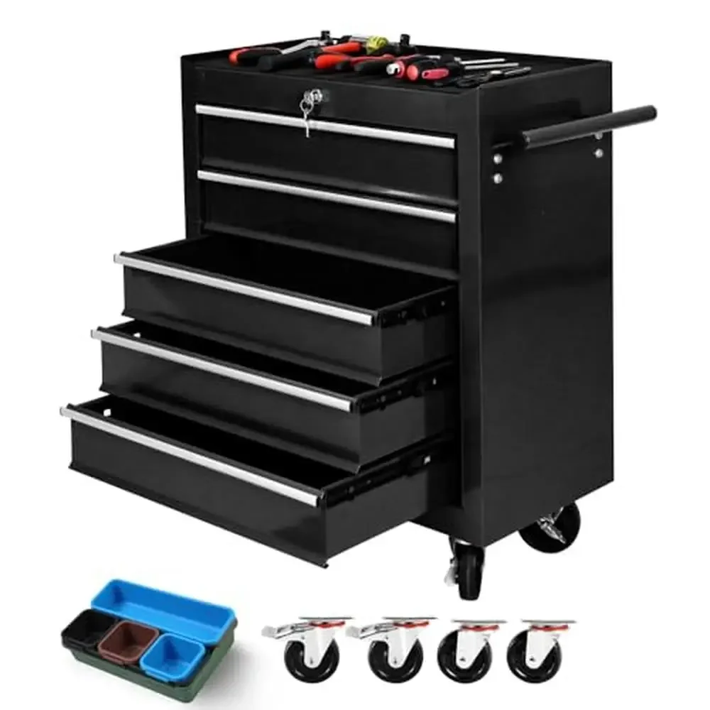 

Metal Locking Rolling Tool Chest with Wheels and Tool Organizer Trays Portable 5 Drawer Tool Storage Cart Garage Workshop