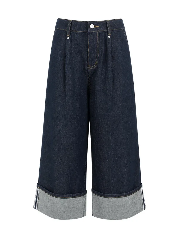 Freeacy Jean Capri plissé à taille haute pour femme, nouvelle collection 2026, avec ourlet retroussé contrastant, délavage foncé, coupe large, en denim, style culotte courte