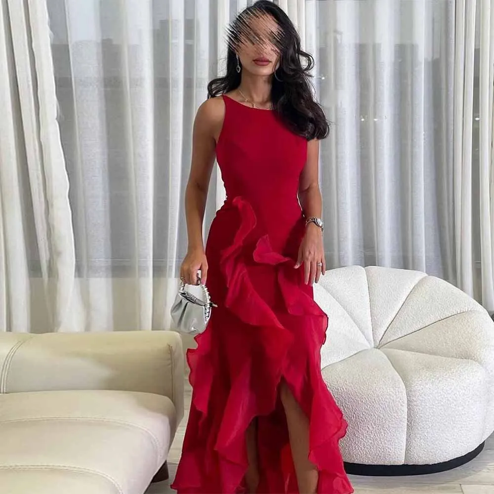 Burgundy Valentine's Day Dresses Jersey Sheath/Column Birthday Dress O-Neck Ruffles Backless Prom Dress Hi-Lo 2025