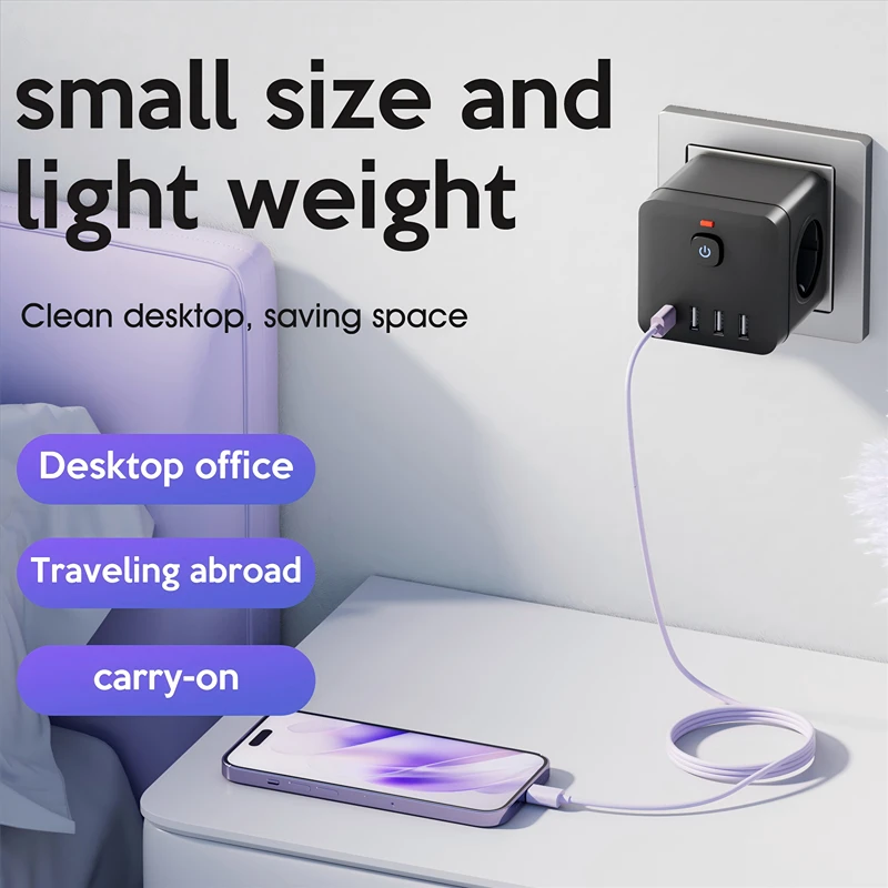 7-in-1 EU Power Strip Power Strip Surge Protector 3 AC Outlets 3 USB 1 Type-C  Desktop Charging Station With Overload Protecti