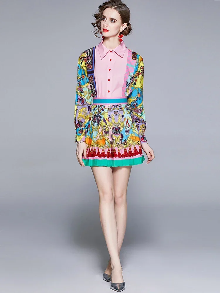 Spring  Autumn Fashion Temperament New Exotic Print Lapel Puff Sleeve Shirt Female High Waist Slim Skirt Suit C597