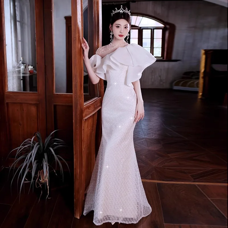 Abito da sera con colletto a foglia di loto, ospite di lusso leggero, temperamento pesante e dignitoso, abito a coda di pesce francese, abito formale personalizzato