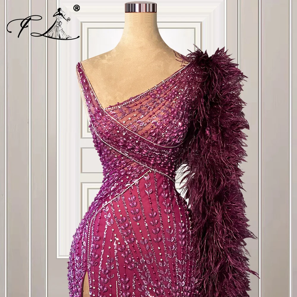 Purple Dubai Mermaid Evening Dresses 2025 Beaded Prom Gowns with Feather High Split Wedding Party Dress Customized