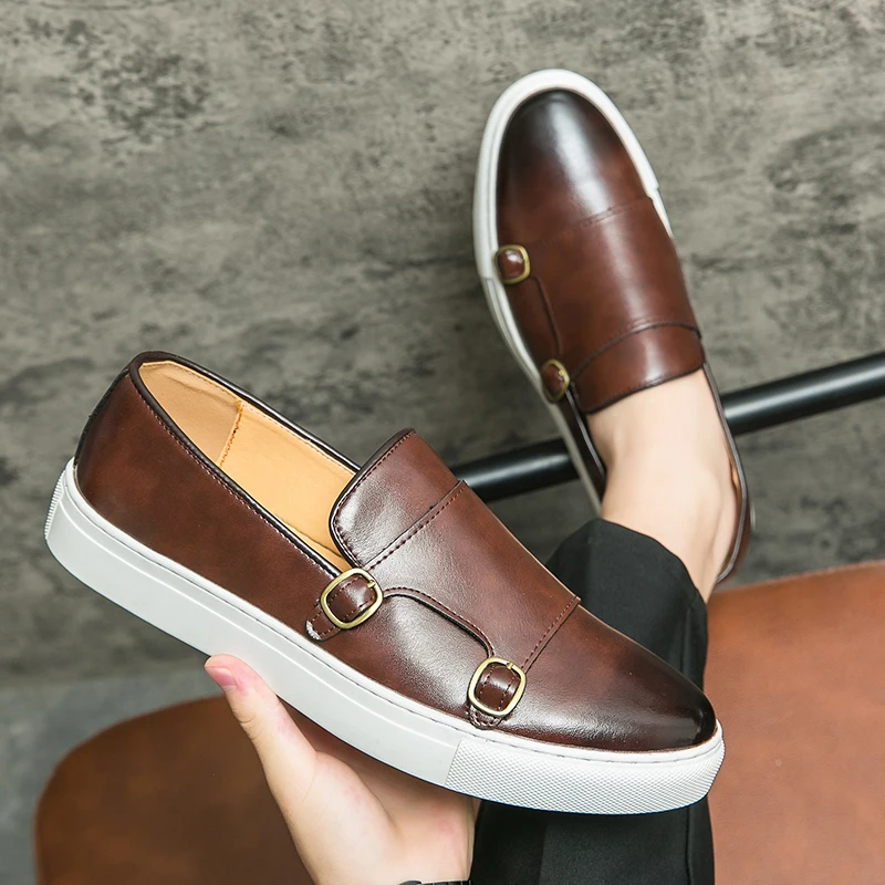 Men's casual leather shoes, men's fashionable British style loafers, men's one foot outdoor flat bottomed monk shoes