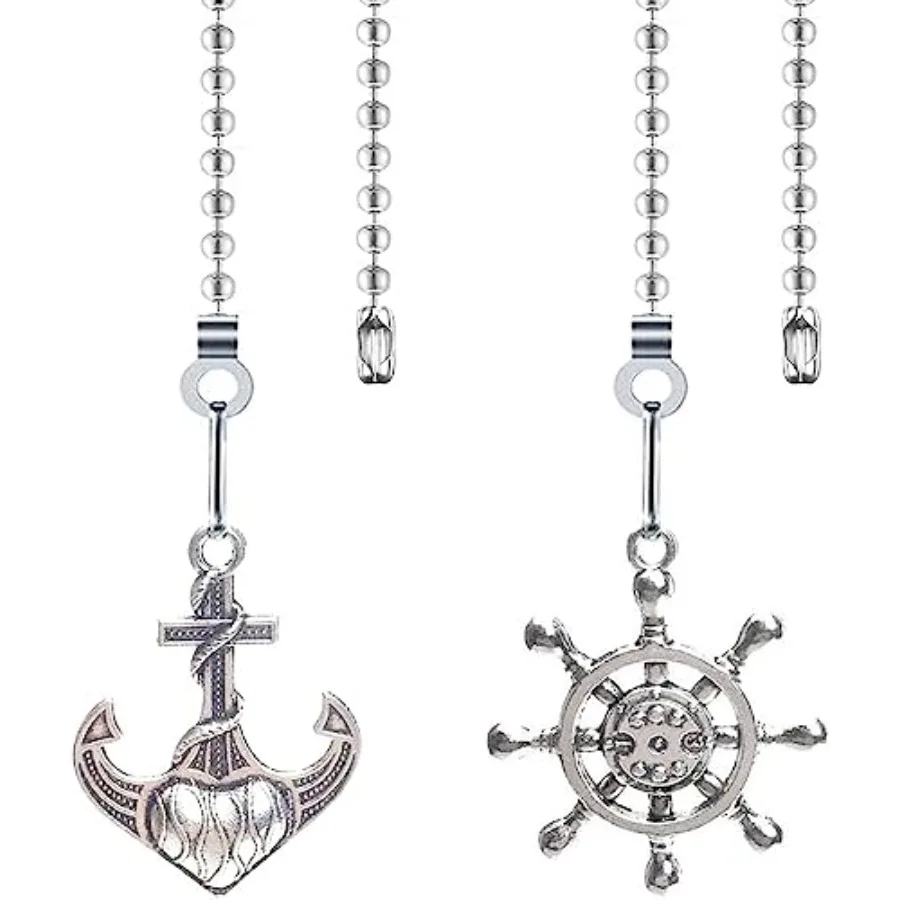 2-Pack Ceiling Fan Pull Chain Extender with Decorative Anchor and Wheel Design - 12Inch Rust-Resistant Metal Chain Pulls, Ball