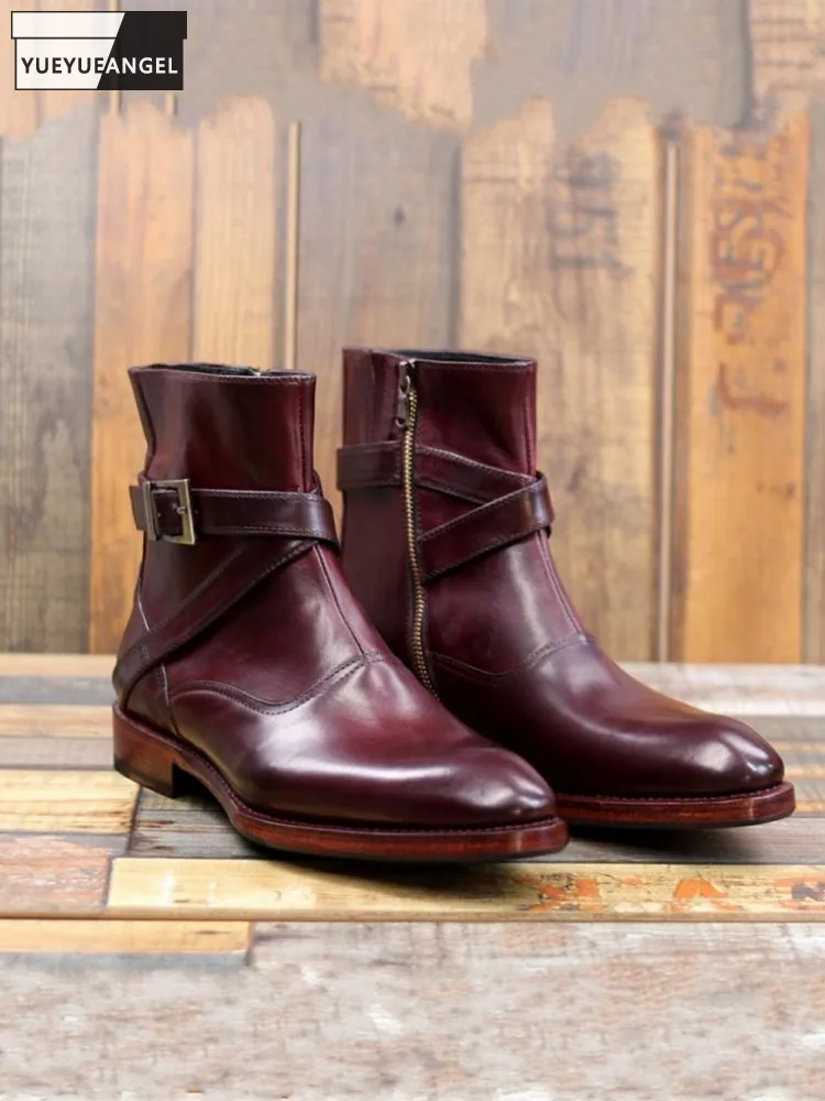Winter New Comfortable Fashion Men Retro Handmade Zipper Cowhide Genuine Leather Pointed Toe Hard Wearing Boots Male Footwear