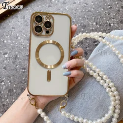 Pearl Crossbody Lanyard Plating Case For iPhone 17 Air 15 16 16E 14 13 12 11 Pro Max Plus For Magsafe Magnetic Cover