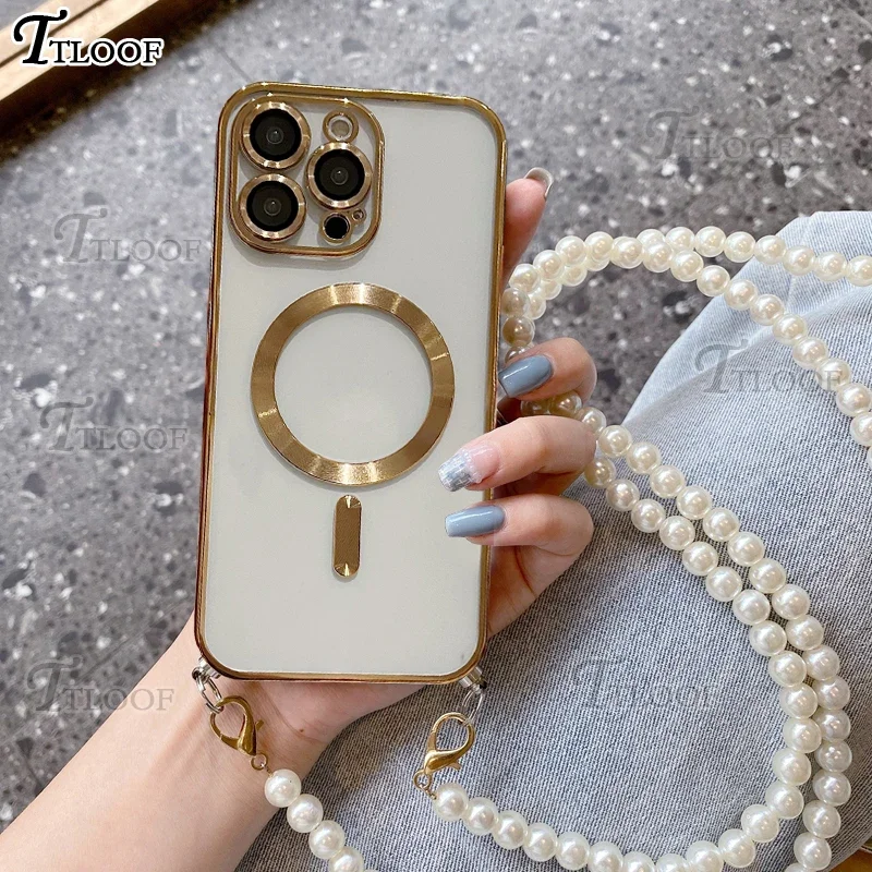 Etui z perełkową smyczą crossbody, z powłoką galwaniczną, do iPhone'a 17 Air 15 16 16E 14 13 12 11 Pro Max Plus, kompatybilne z Magsafe, magnetyczne.
