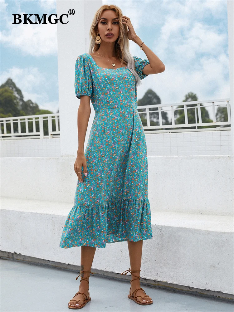 

BKMGC Floral Print Green Casual Ruffle Short Sleeve Boho 2022 Women Summer Dress Bohemian Vintage Daily Wear 6200