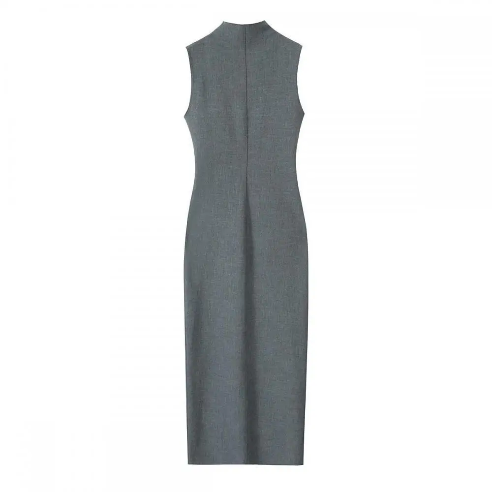 

Women Straight Grey Midi Dress Fashion O-Neck Sleeveless Zipper Split Slim Dresses 2024 Summer Lady Commuting Street Vestidos