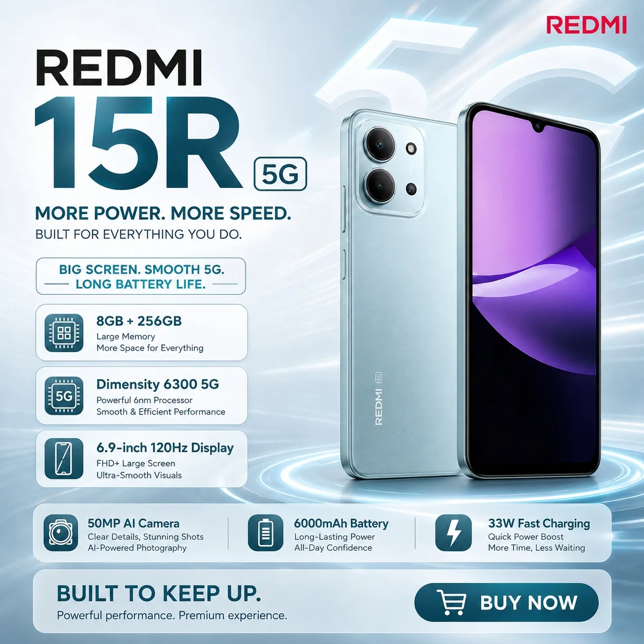 2026 new Redmi 15R 5G Phone 8GB+256GB, 6000mAh Battery, 33W Fast Charge, 6.9'' 120Hz Display, Dimensity 6300, Slim 7.99mm Body