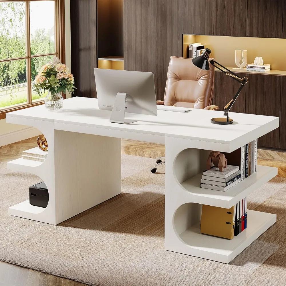 Escritorio de oficina ejecutiva de 62", escritorio grande para computadora con estantes de almacenamiento, mesa de estudio de escritorio de escritura de madera moderna, escritorio de estación de trabajo, autobús