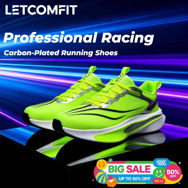 Carbon Plate Running Shoes Light Soft Breathable Mesh Upper Shock Absorb Midsole Non-Slip Rubber Outsole Sneakers for Marathon