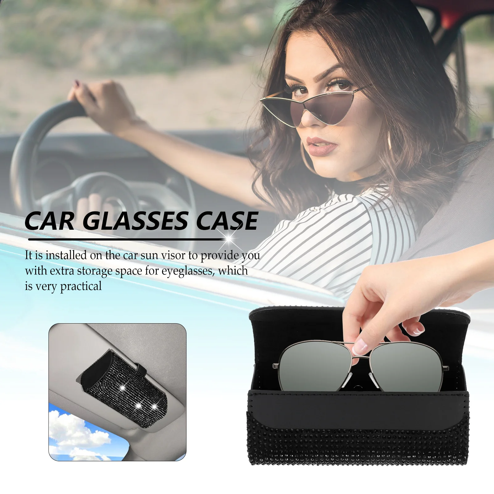 

1pc Car Sun Visor Glasses Holder Rhinestone Design Durable Storage For Eyeglasses Sunglasses Clip Case Vehicle Interior Auto