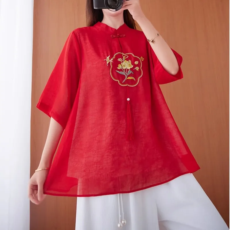 

Retro Improved Hanfu Embroidered Stand Collar Tang Suit Tea Ceremony Top Women's Spring Summer Fashionable Chinese ...