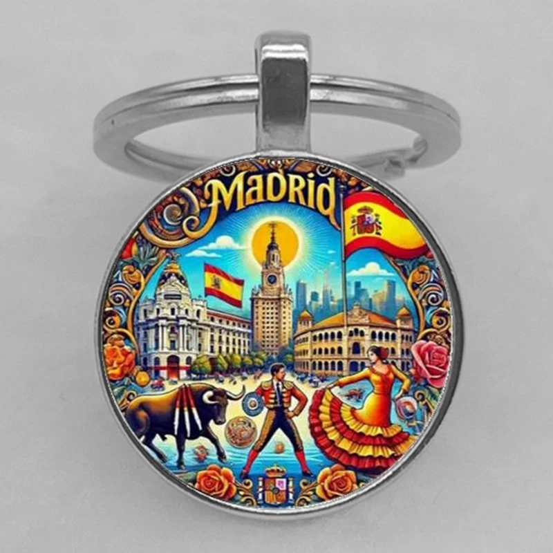 Круглый-брелок-с-тематикой-Мадрида-—-прочный-цинковый-сплав-с-изображением-знаконовых-памятников-быков-и-танцоров-фламенко