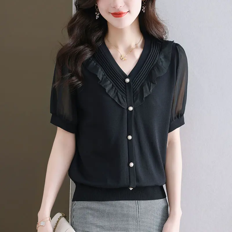 Fashion Ice Silk Short Sleeved T-shirt Women Summer Auricularia Auricula V-Neck Button Loose Age Reducing Korean Yarn Sleeve Top