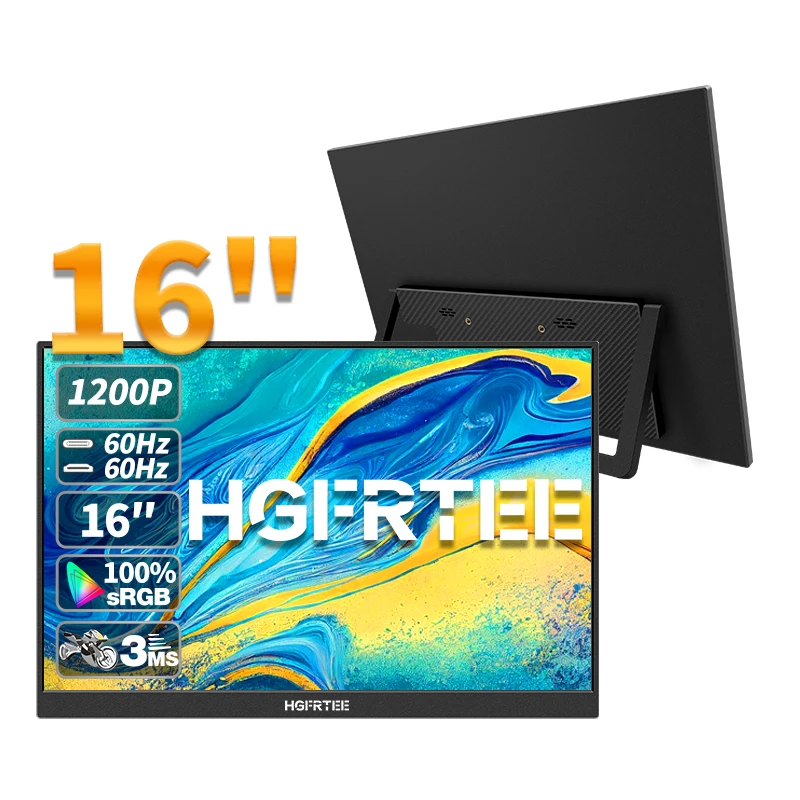 HGFRTEE 16Inch Portable Monitor ADS-IPS 16:10 RGB100% 300cd/m2 PC Game Extended display Laptop Second Screen With VESA & bracket