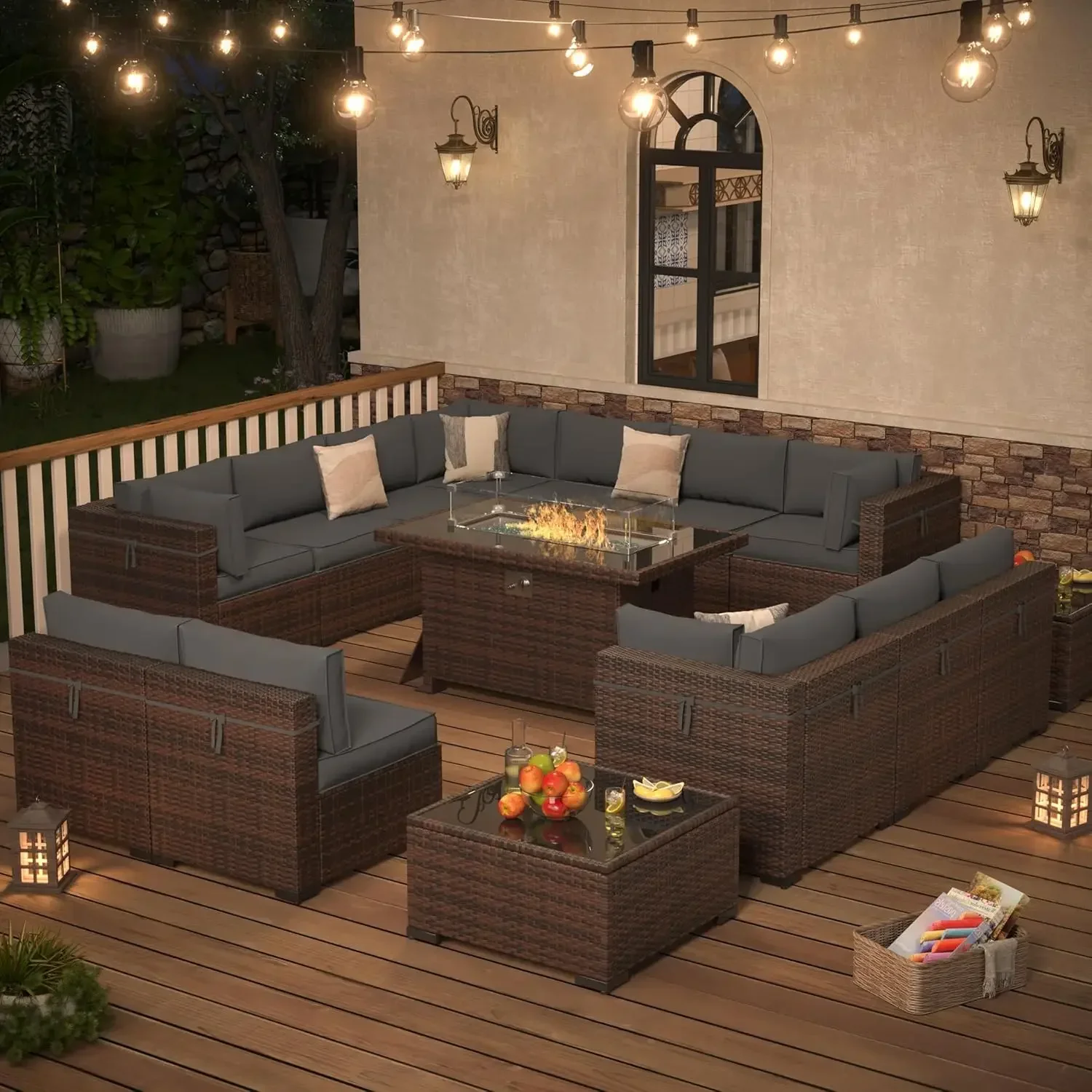 Outdoor Patio Furniture Set with Gas Fire Pit Table Patio PE Wicker Pit Sectional Sofa, Glass Gas Fire Patio Sectional Furniture