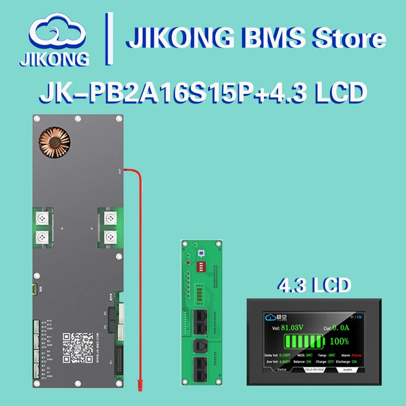 JIKONG JKBMS JK-PB2A16S15P 4.3LCD 24V 48V LiFePo4 Li-Ion Battery 150A Household Energy BMS to Inverter Active balancer 1A 2A