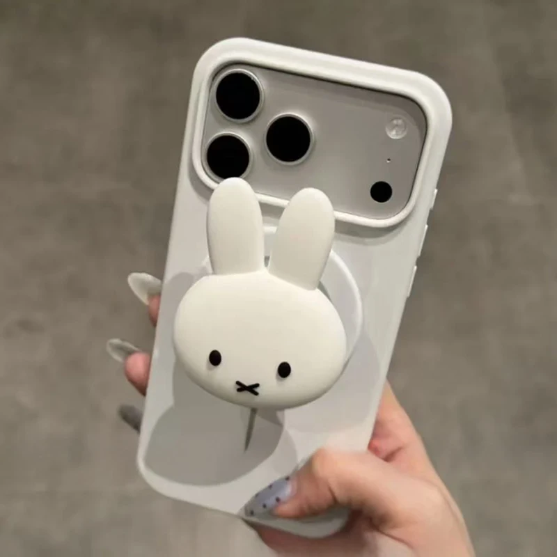 Simpatico guscio per telefono Miffy adatto per Iphone 17 16 15 14 Custodia per telefono antigoccia in gomma siliconica con supporto magnetico per coniglio bianco cartone animato
