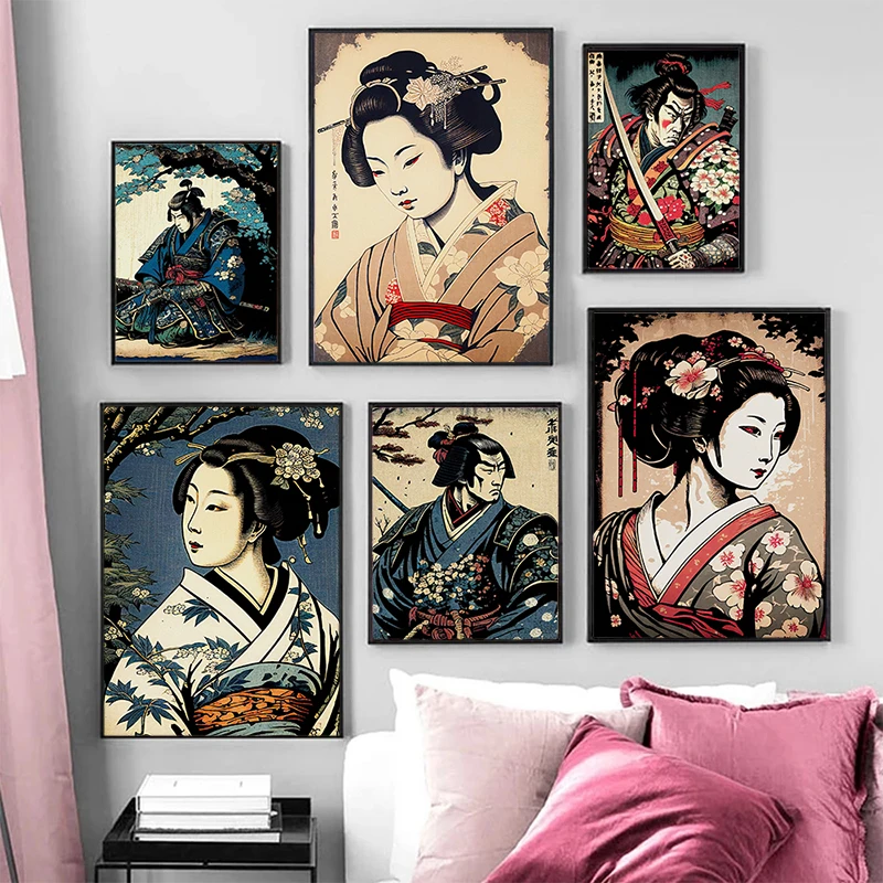 Retro Japanese Ukiyoe Poster Samurai Geisha Temple Village Mount Fuji Canvas Painting Rural Landscape Wall Art Picture Home Deco