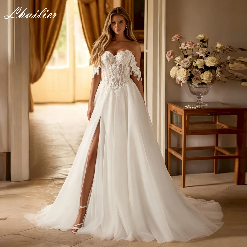 Lhuilier Customized A Line Lace Wedding Dresses Off the Shoulder Beaded Bridal Gown with High Slit