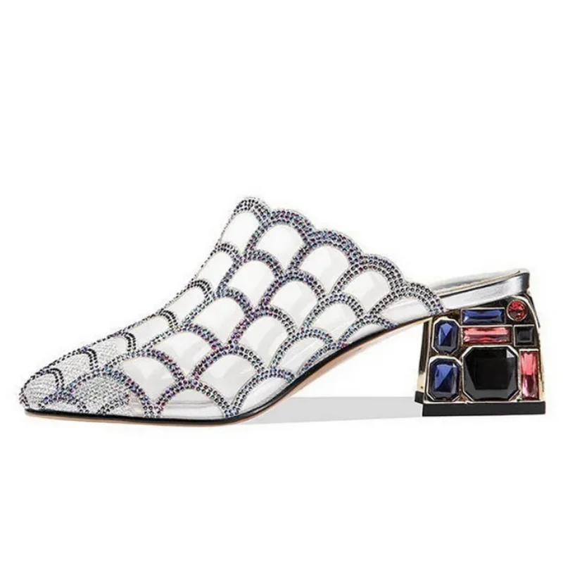 Rhinestone Heel Slippers,Women\'s Sandals, Girls Shoes,Close toe Summer Heels,Outside Wearing,Soft Sole,BLACK,SILVER,Dropship