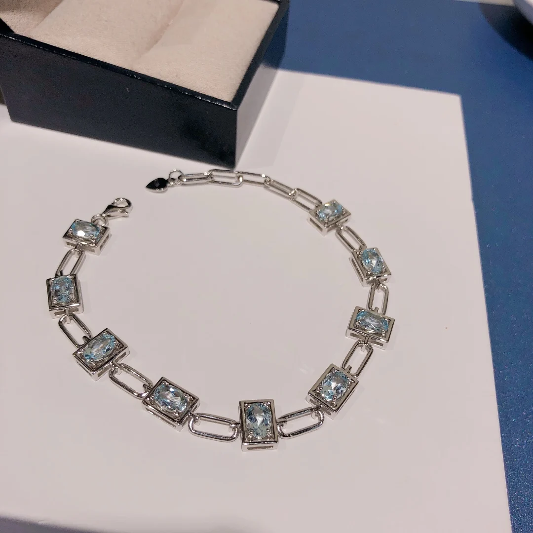 

Natural Aquamarine 925 Sterling Silver Bracelet Natural Gemstone Women Birthday Jewelry Gift