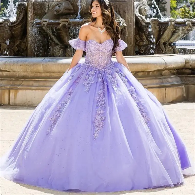 

Lilac Sweetheart Strapless Neckline with Bodice Corset with Detachable Puffy Ruffle Sleeves BallGown