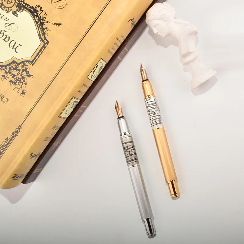 

Fuliwen 815 Metal Golden And Silver Fountain Pen Medium Nib 0.5mm Ink Pen Luxurious Writing Gift Pen Set