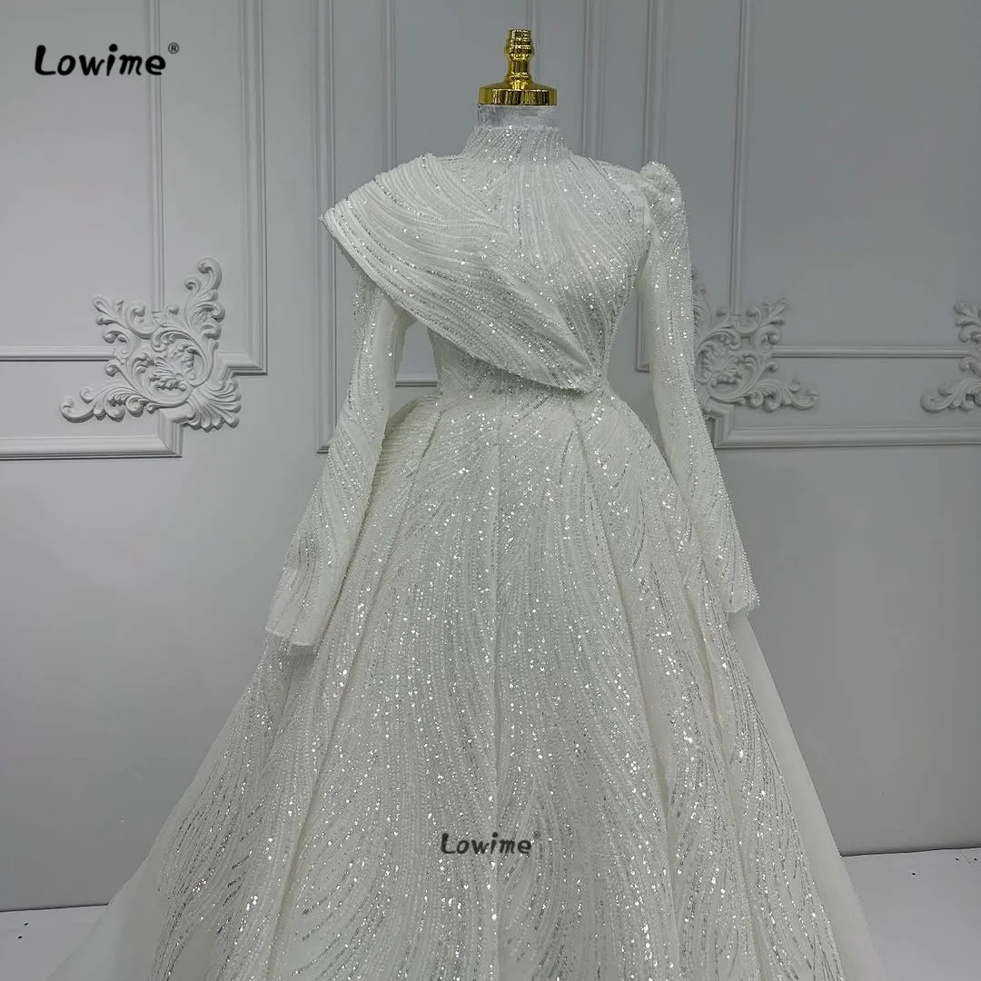 Muslim Evening Dress Formal Dress Small Bead Sequin Dress White Long-Sleeved A-Line Dress Bridal Wedding Dress 2025