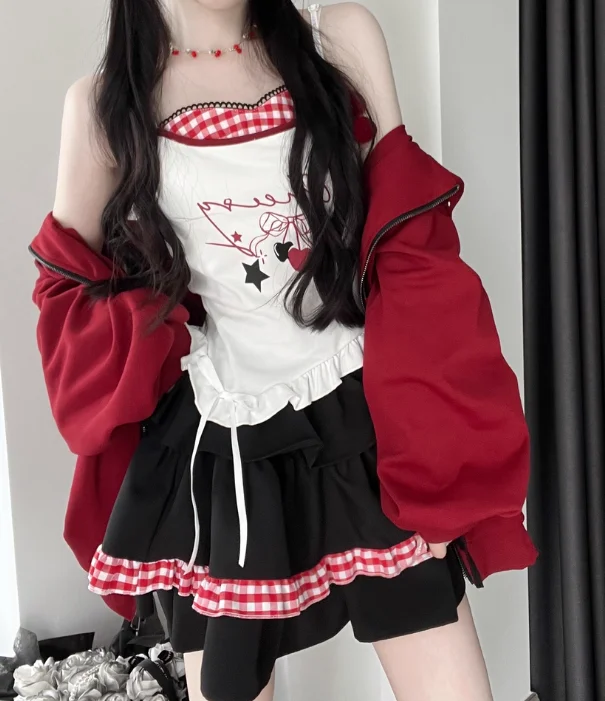 

Early Autumn New Sweet Cute Girl Long Sleeve Loose Hooded Zipper Sweatshirt Vest and High Waist Short Skirt Design Set