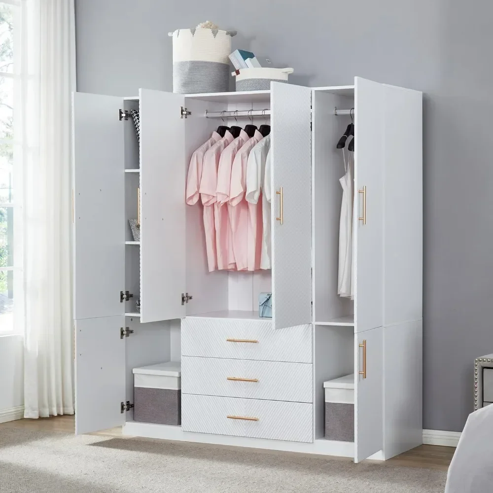 Closet Wardrobe with 4 Doors, 3 Drawers, Large Storage Capacity, Strong and Long-lasting, Clothes Cupboard