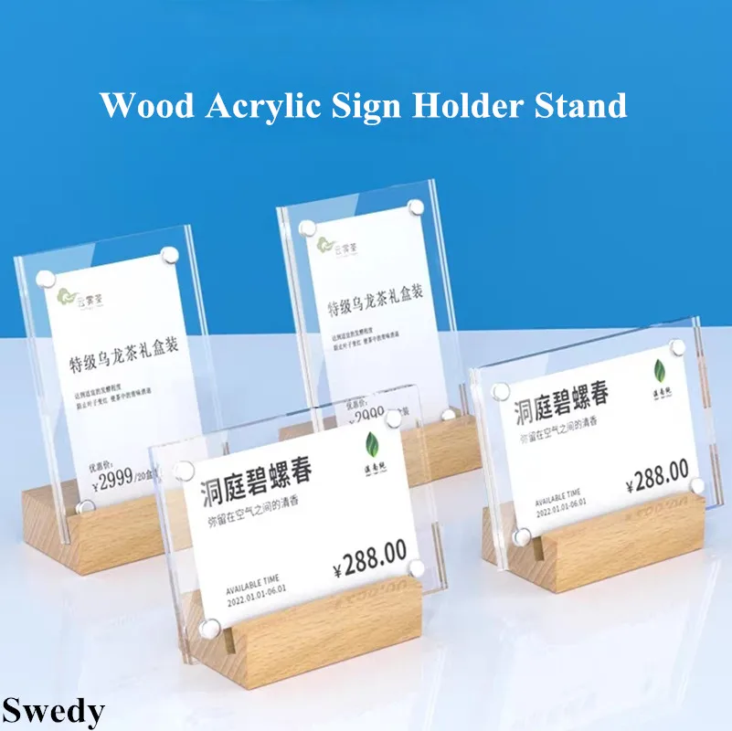 90x60mm L Shape Wood Base Mini Acrylic Sign Holders Display Stand Small Magnetic Products Name Price Label Paper Card Holder