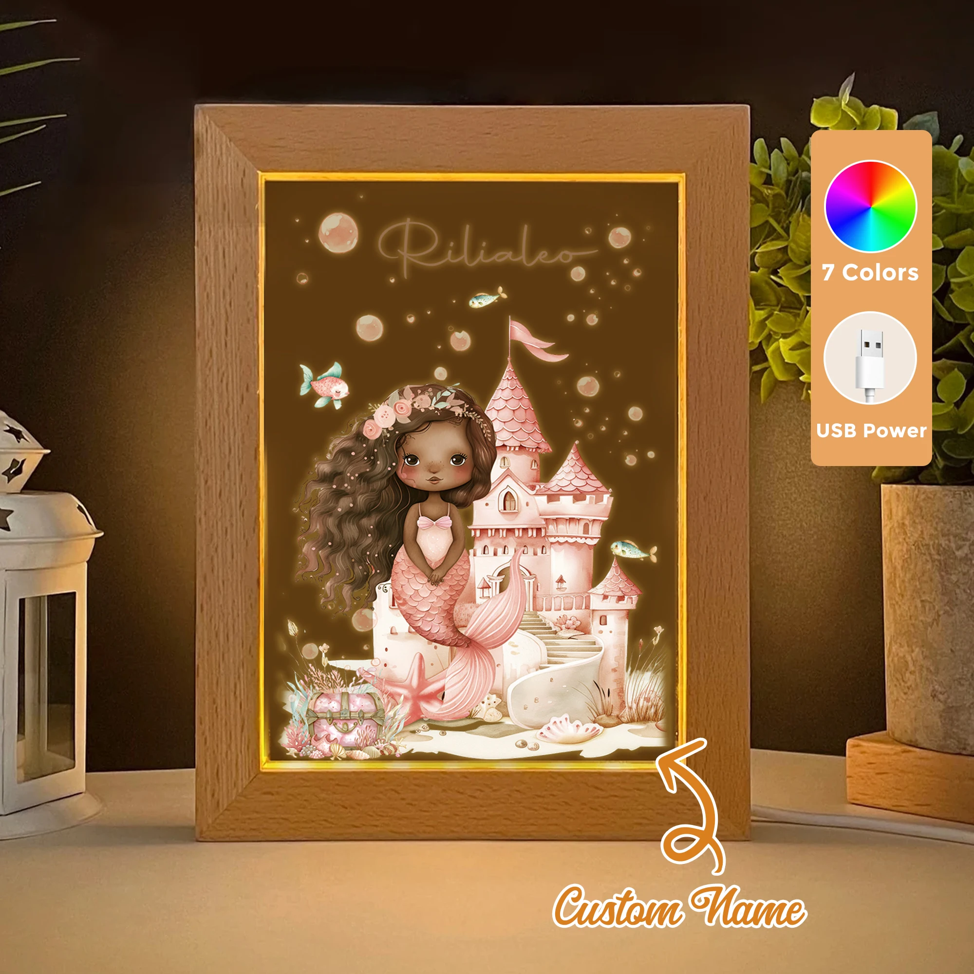 

2D Flat Custom Name Cartoon Mermaid Castle LED Acrylic Night Light Wood Photo Frame 21x17cm Child Bedroom Gifts Home Decor