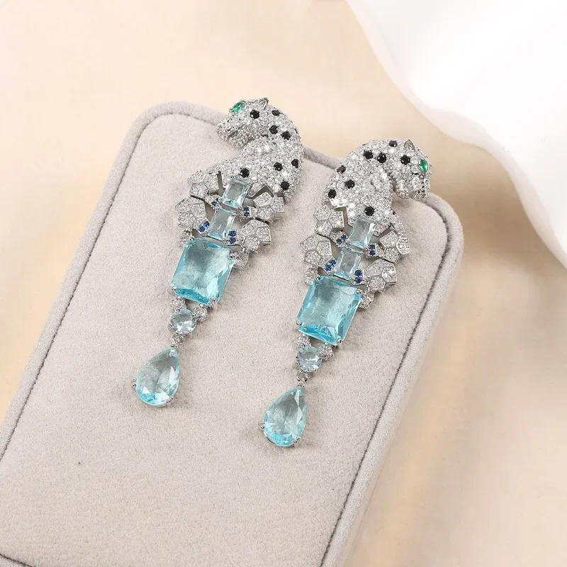 Full CZ Zircon Leopard Waterdrop Earrings Green Eyes Square Crystal 925 Needle Panther Animal Earrings for Women Party Gift