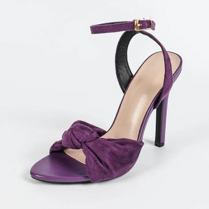 Bow High Heel Sandals Women Fashion Open Toe Ankle Buckle Designer Shoes High Quality Satin Nightclub Dress Shoes Sexy Purple view 6