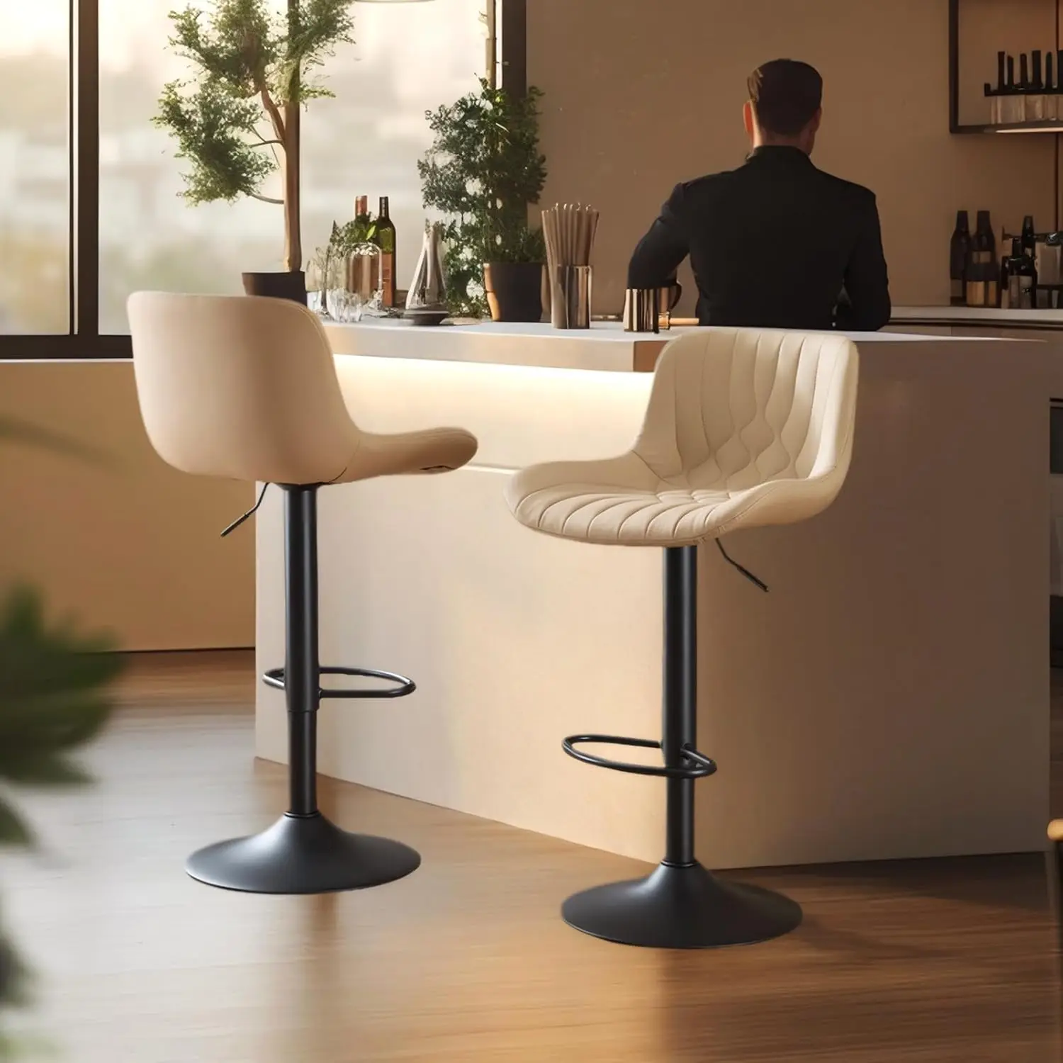 

Modern Adjustable Bar Stools Set of 2,Swivel Backs with Faux Leather Counter Height for Kitchen Island Breakfast Bar Chairs Padd