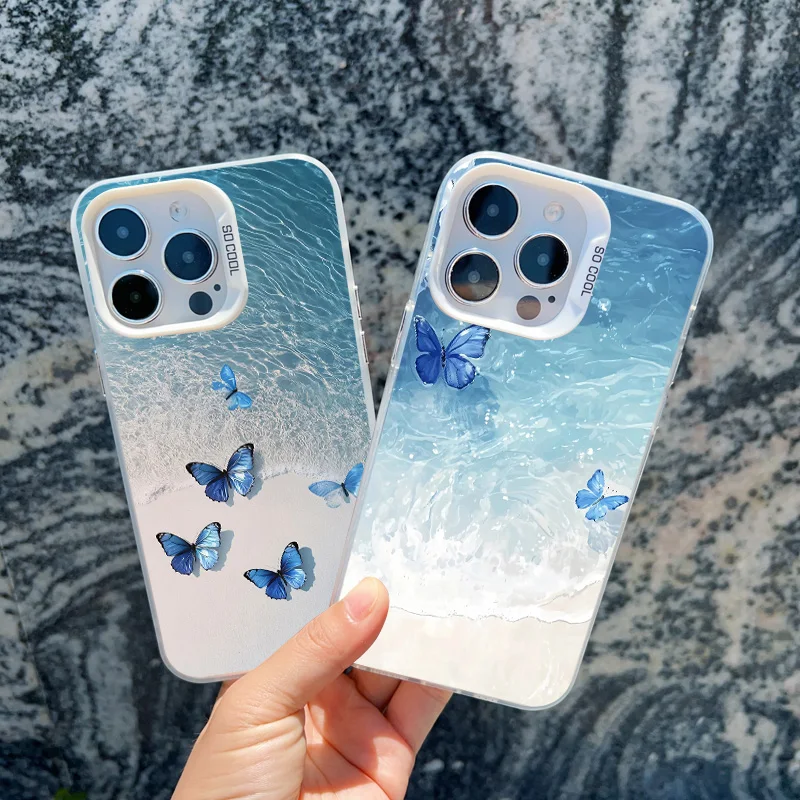 Blaue Schmetterling-Ozeanwellen-Handyhülle für iPhone 14 13 12 11 Pro Max 17 16 15 Pro Max 13 Mini 16 14 Plus Stoßfeste Laser-Cover – Detail 15
